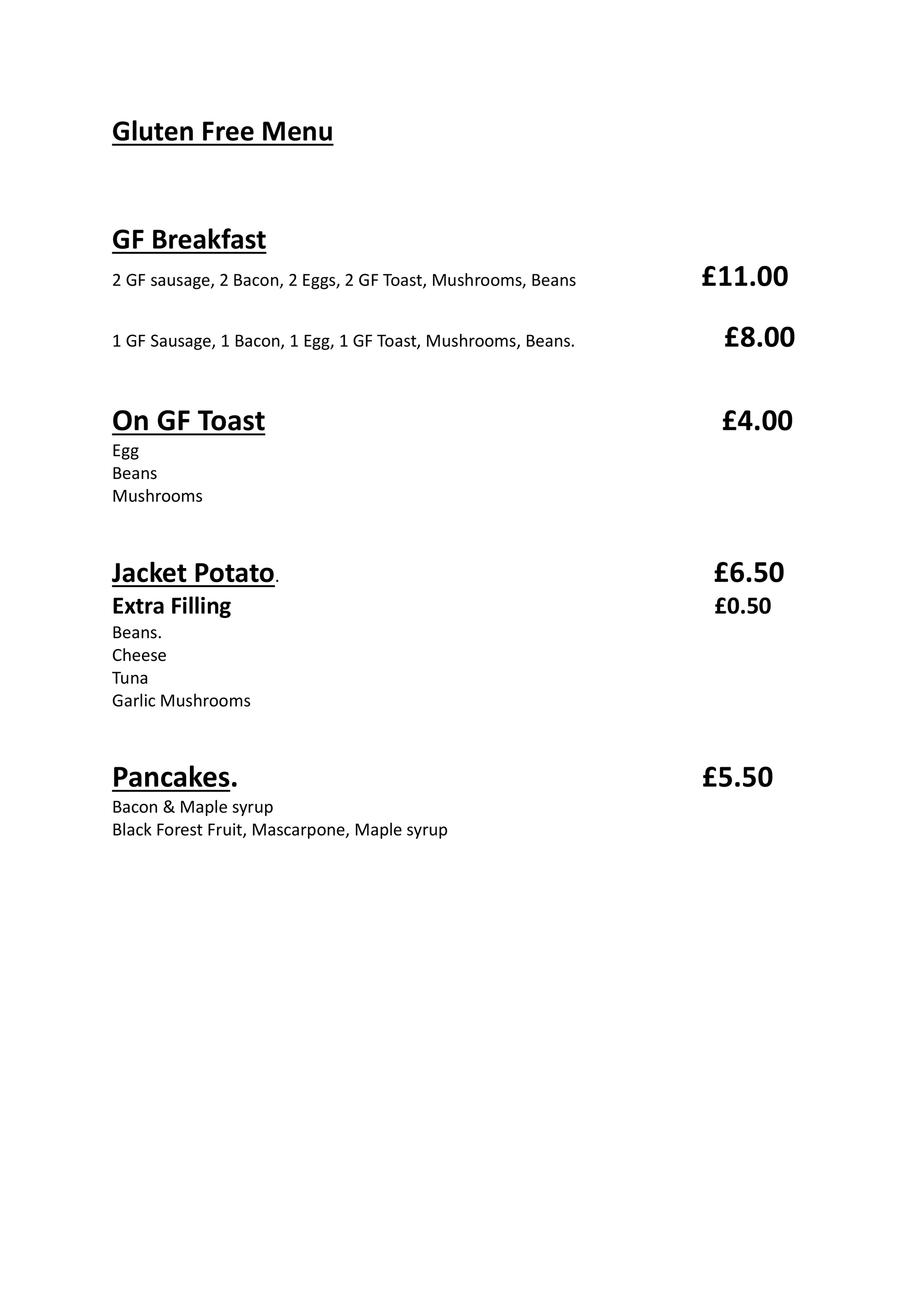 Gluten Free Menu Sample